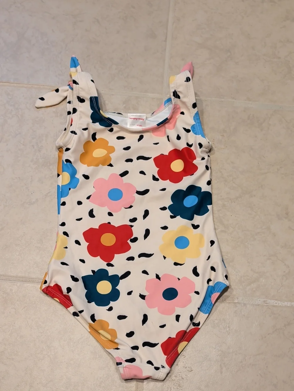 Hanna Andersson Cream Colorful Floral One-Piece Swimsuit with Tie Straps